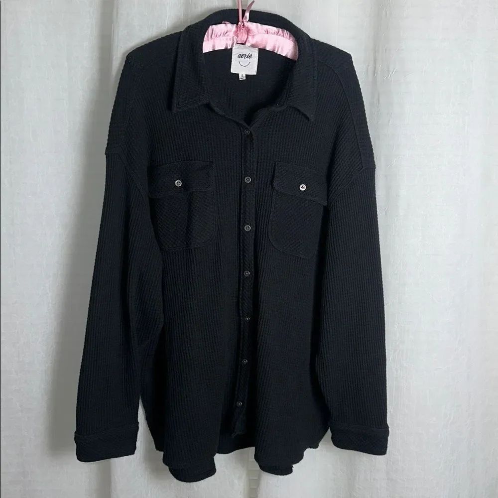 aerie XL Lumber Stone Washed True Black Waffle Knit Cotton Blend Oversized Shirt
